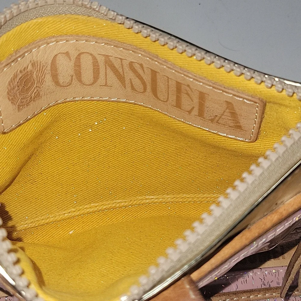 Consuela Metallic Gold PVC Clutch Wallet with Brown Leather Trim